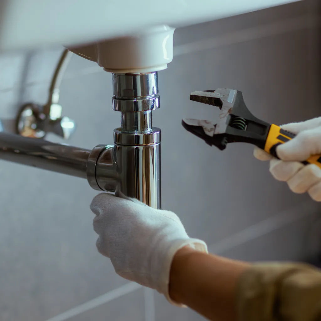 Gloved hands tightening a sink pipe with an adjustable spanner